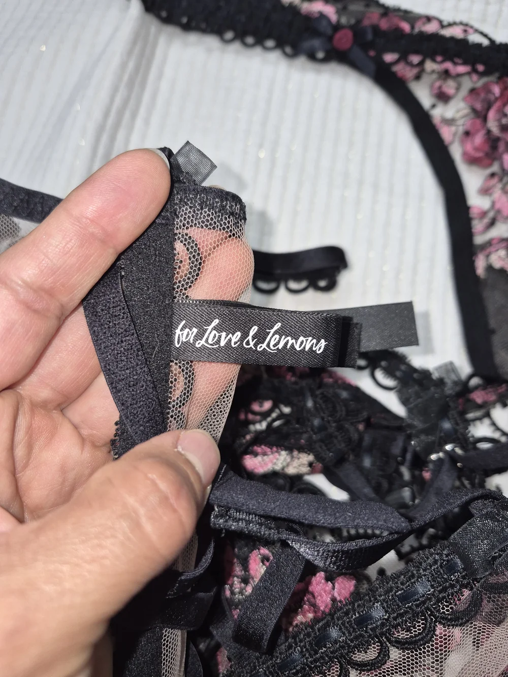 For Love And Lemons Black Sheer Bra & Garter Set with Pink Floral Embroidery